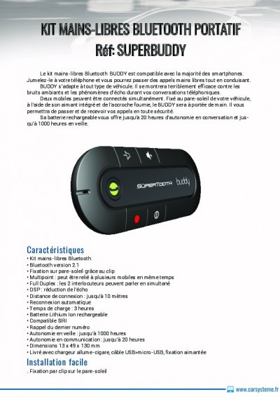 Kits mains libres bluetooth voiture Supertooth Buddy + chargeur voiture 